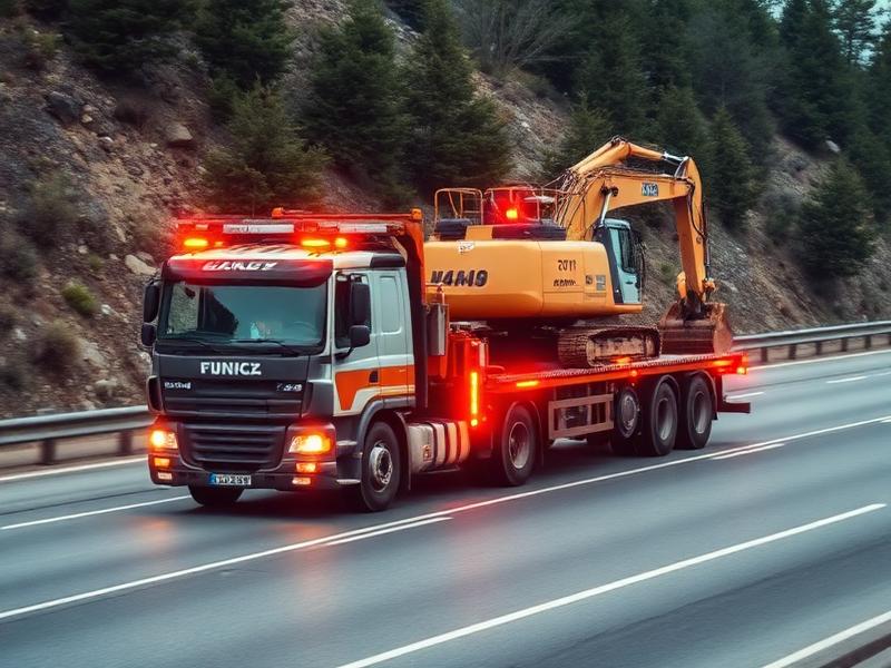 Heavy equipment being transported on specialized trailer in the Bay Area